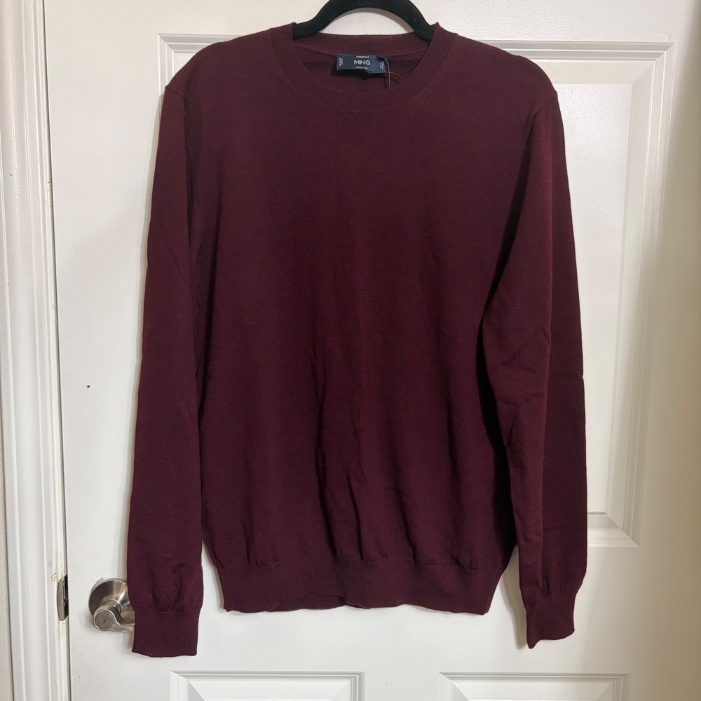 Mango MNG Essentials Mens Merino Wool Sweater Burgundy Crew Neck Medium NEW
